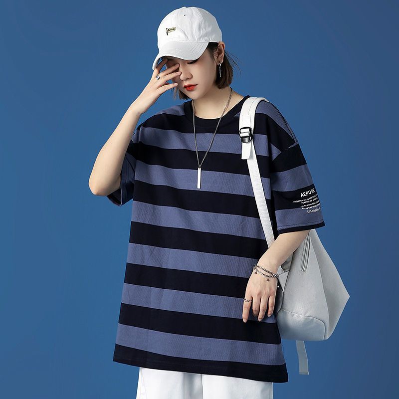 真维斯纯棉条纹短袖女2022新款港风宽松圆领上衣打底衫百搭潮流