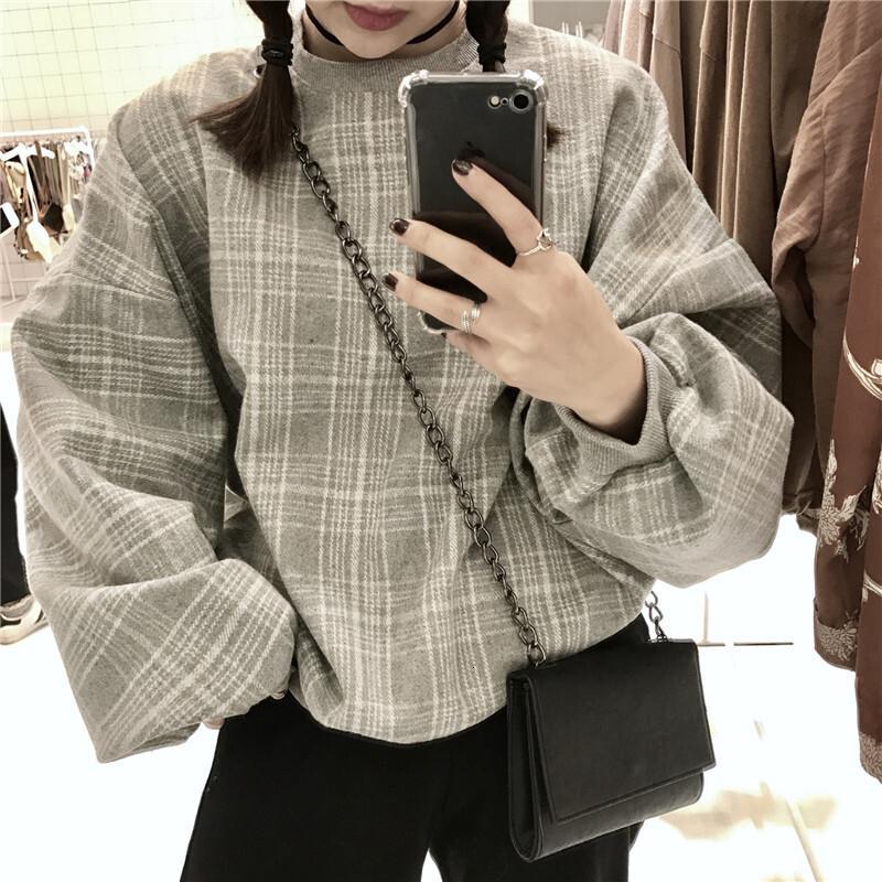 原宿风宽松bf上衣复古格子长袖套头卫衣女韩版潮学生灰格子均码