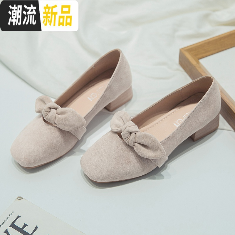 网红单鞋女2020春秋新款百搭粗跟温柔晚晚仙女豆豆鞋女高跟小皮鞋 广赫