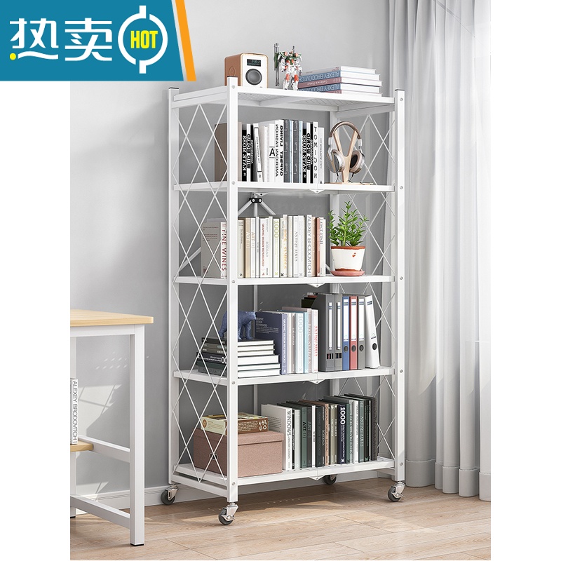 XIANCAI免安装可移动书架铁艺落地带轮折叠置物架办公室隔断收纳简易书柜高清大图