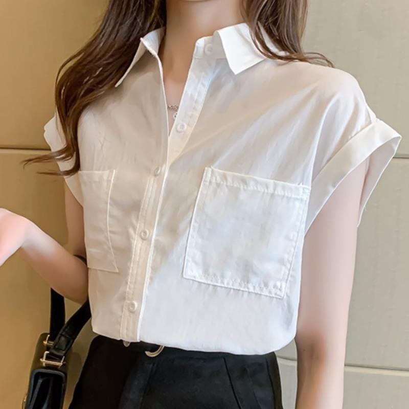 欧洲站2021夏装新款韩版宽松短袖Polo领衬衫女设计感小众翻领衬衣 白色 S