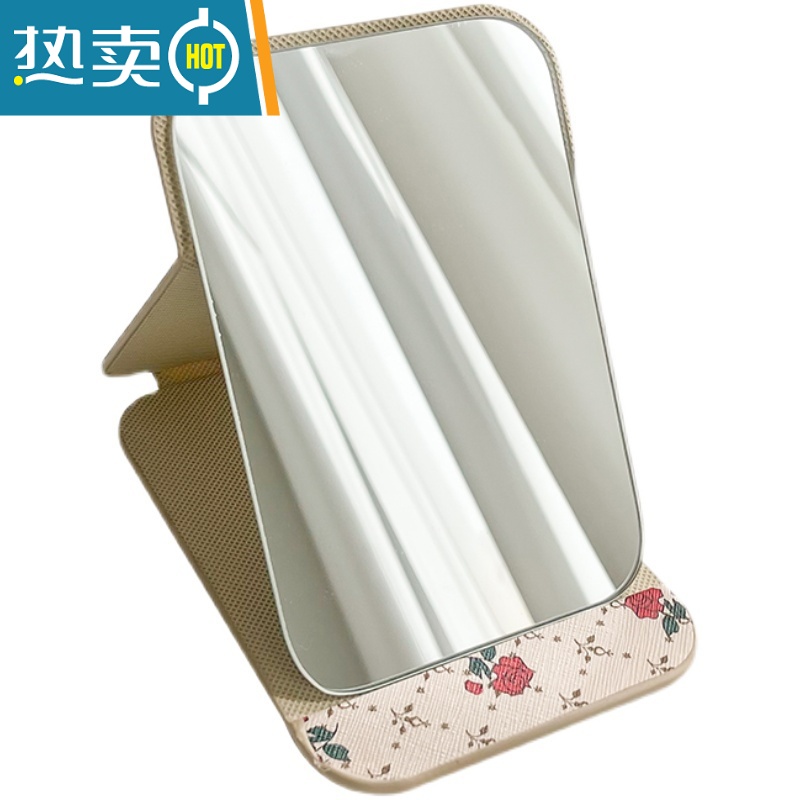 敬平随身便携公主镜皮质复古折叠镜卧室宿舍桌面台式化妆高清梳妆镜子 复古玫瑰折叠镜 特大号便携式用镜高清大图