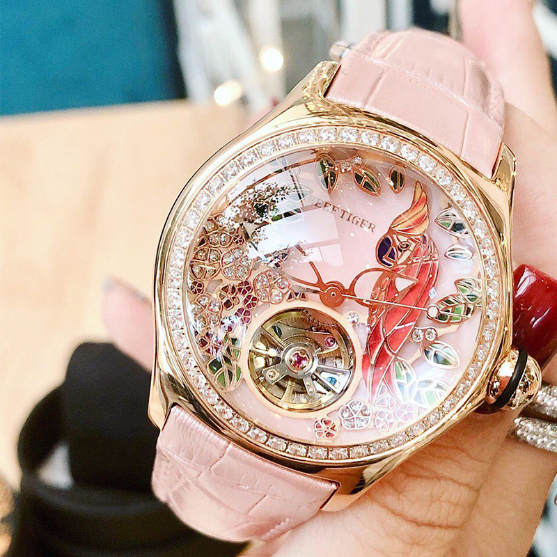 瑞夫泰格(REEF TIGER)女士手表全自动机械表女表新款时尚潮流镶钻镂空皮表带防水3D鹦鹉手表RGA7015高清大图