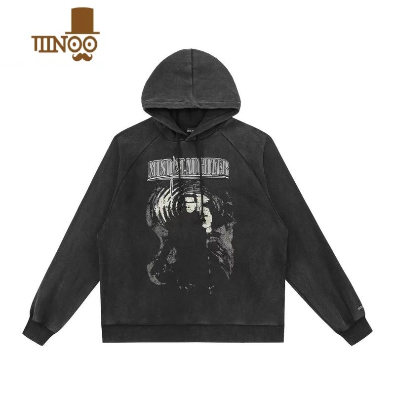 YANXUGRAILZ TALK 美式高街潮牌水洗做旧情侣毛圈连帽卫衣男女同款 黑色 1码