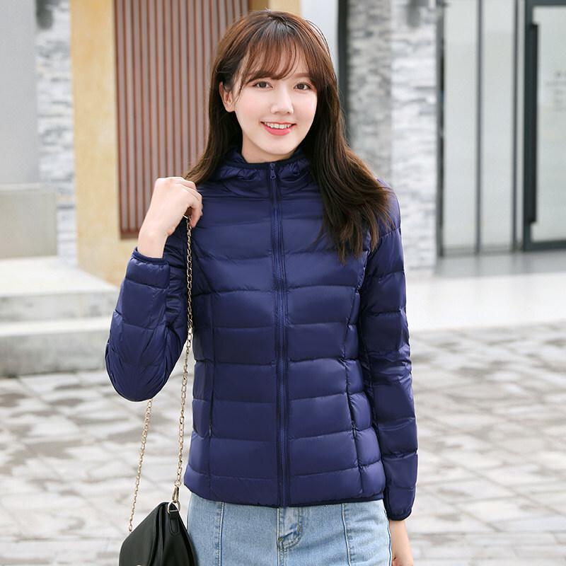 迪鲁奥(DILUAO)40岁50岁妈妈穿的锦纶服轻薄服女士短款2021年新款秋冬季大码白鸭绒薄款外套 藏青色(连帽) M
