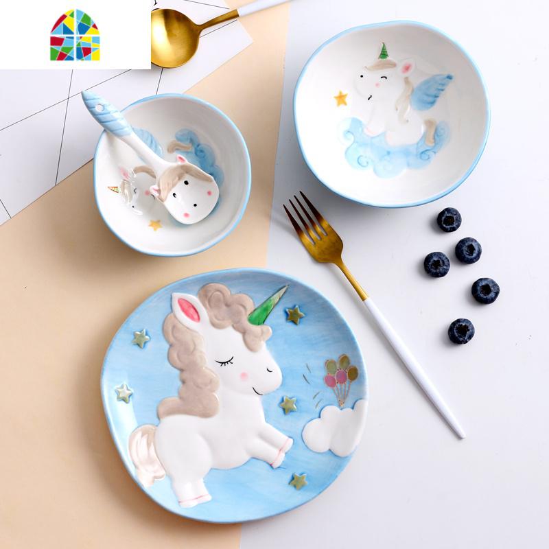 家用动物碗碟可爱独角兽陶瓷4件套韩式个性创意餐具儿童饭碗单个 FENGHOU 粉勺子套装高清大图