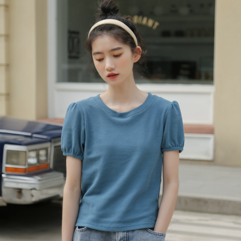 2022夏季新款韩版简约百搭纯色短款T恤泡泡袖上衣女