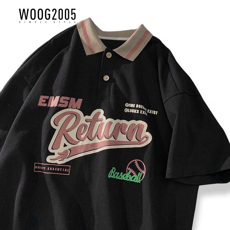 WOOG2005撞色翻领polo衫短袖男生夏季潮牌港风潮流宽松百搭t恤衫