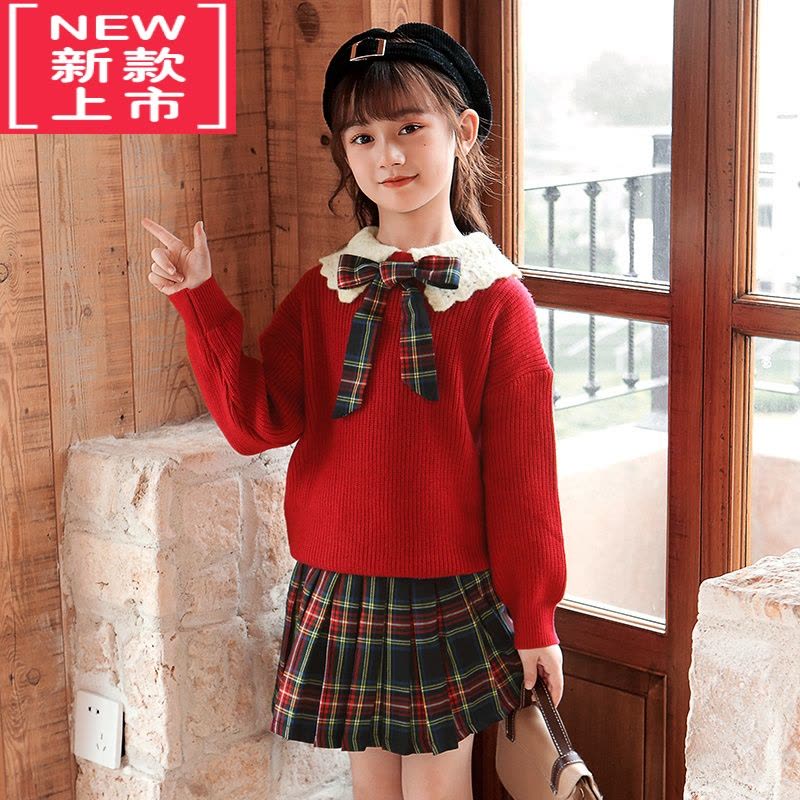可莉允女童JK套装毛衣秋装大童洋气学院风裙子红色针织秋冬学生儿童童装图片