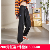 [2.5折价67元]唐狮春新款休闲裤女潮流宽松运动裤高腰显瘦抽绳卫裤黑色裤子