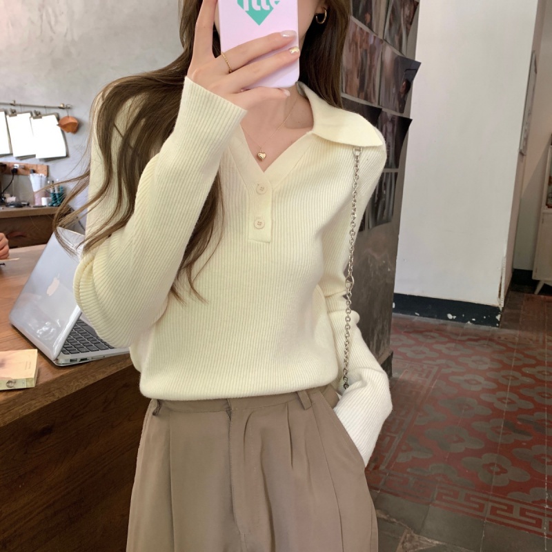 学生上衣针织衫女秋冬季新款polo领纽扣打底长袖内搭短款毛衣