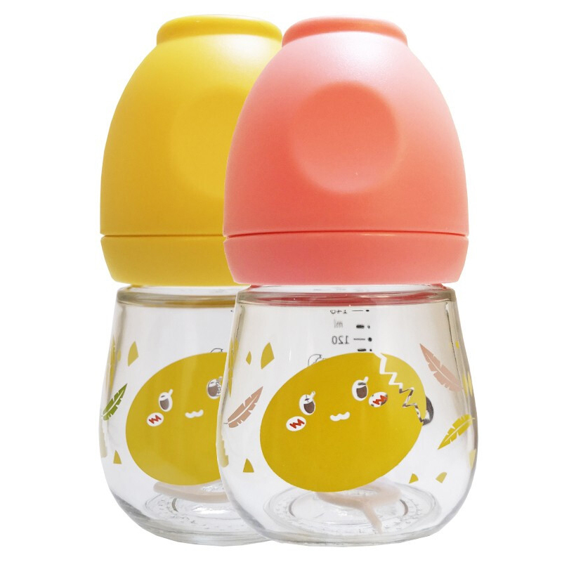 日康RK-N1019婴儿宽口径玻璃奶瓶 婴儿宝宝防胀气奶瓶 营养护理瓶140ml 黄色+粉色