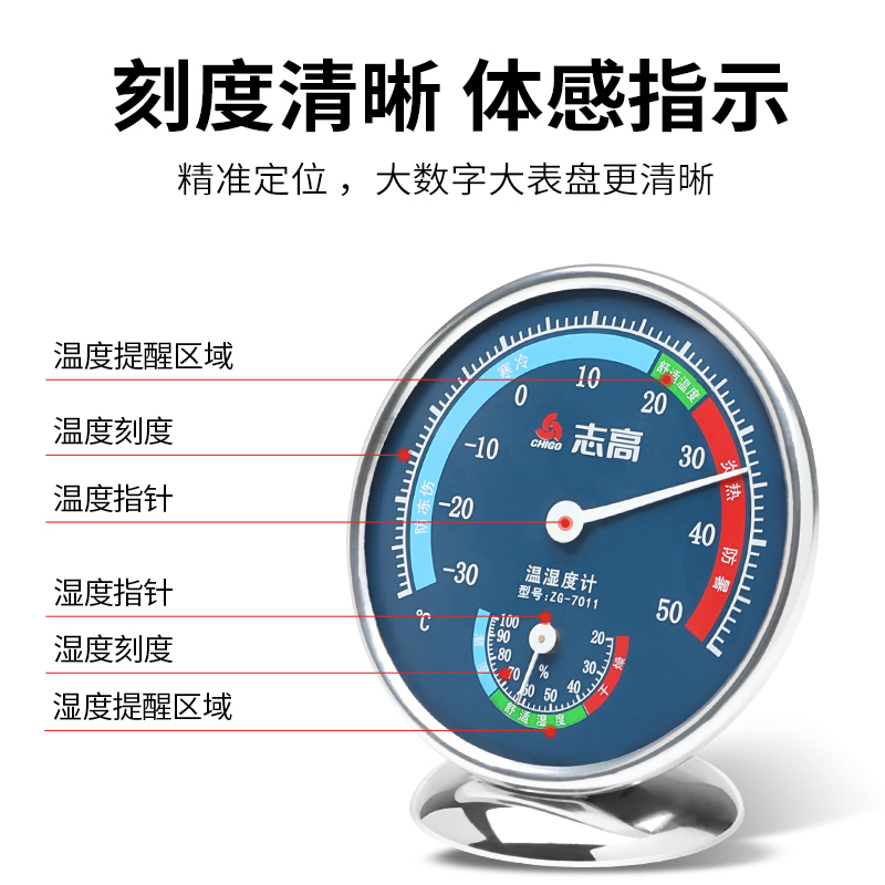 温湿度计测温计室内外婴儿房高精度温度计办公家用台式温度表 三维工匠 [银色]五年质保-带底座