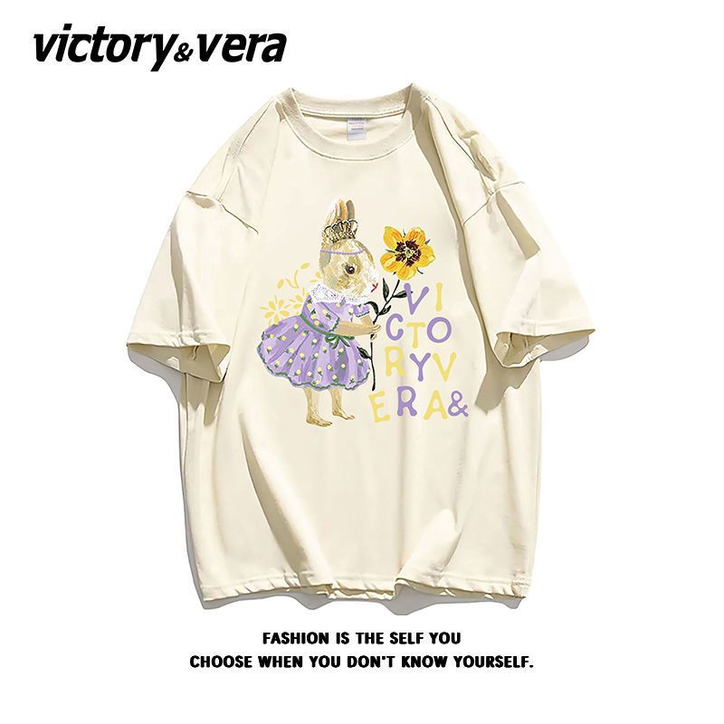 VICTORYVERA温柔风盐系短袖T恤女2022新款夏季学生宽松印花上衣服