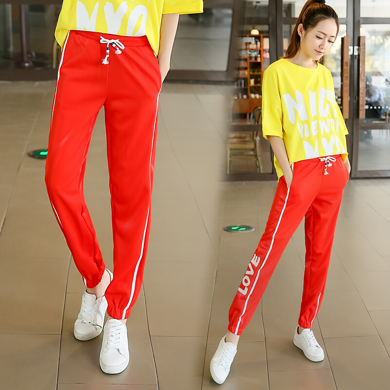 欧洲站时尚运动裤女春夏休闲裤红色哈伦裤宽松刺绣校服裤长裤qd