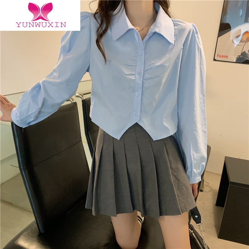 YUNWUXIN气质长袖白色衬衫女设计感小众早秋2022新款衬衣宽松别致短款上衣