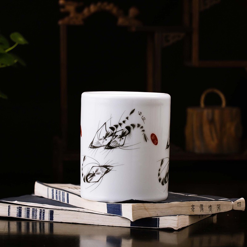 hg24景德镇陶瓷器笔筒摆件教师节创意时尚文具收纳办公室摆设 三维工匠 大号水点桃花高清大图