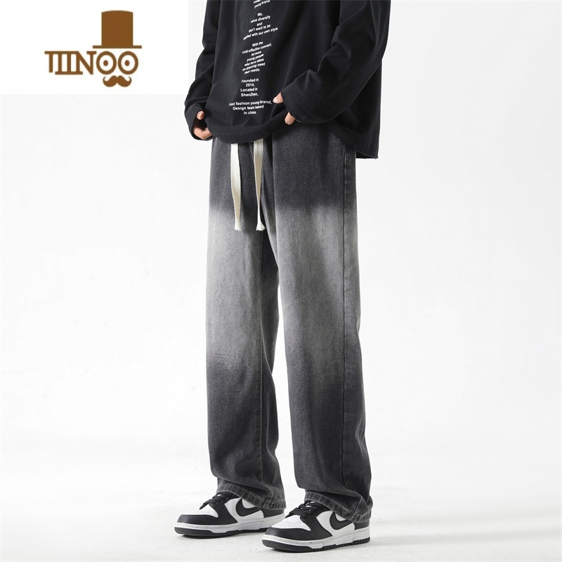 YANXU黑灰色美式高街复古渐变牛仔裤男士潮牌夏款直筒阔腿长裤子高清大图
