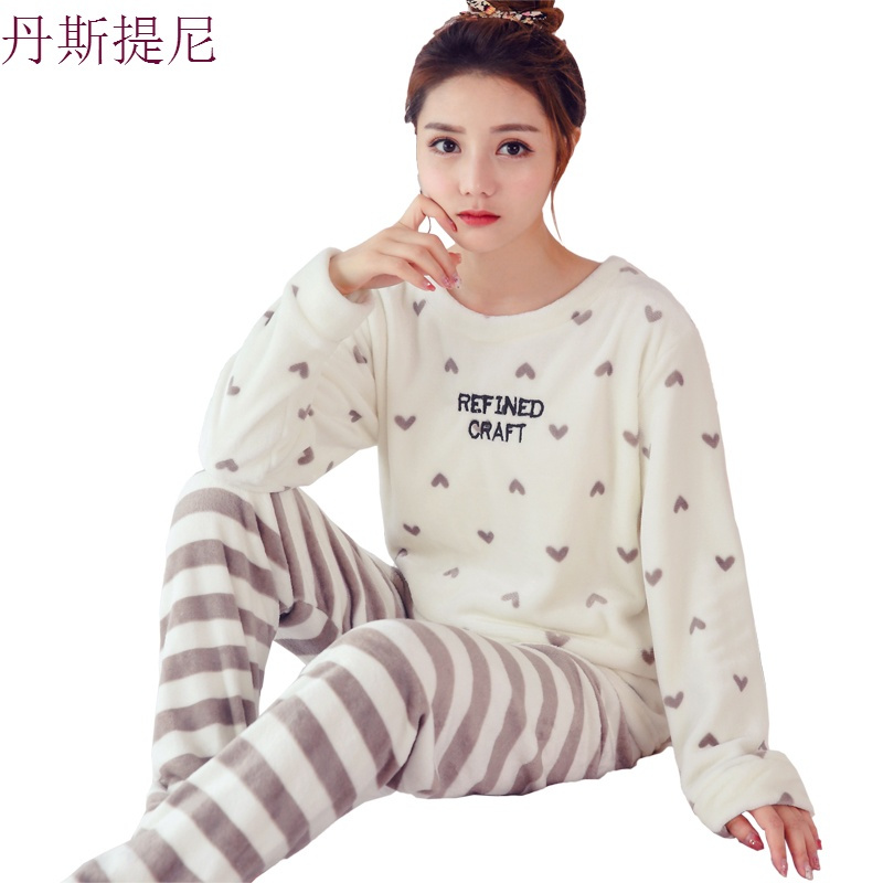 睡衣女甜美可爱大码珊瑚绒加绒加厚长袖法兰绒家居服秋冬季套装暖