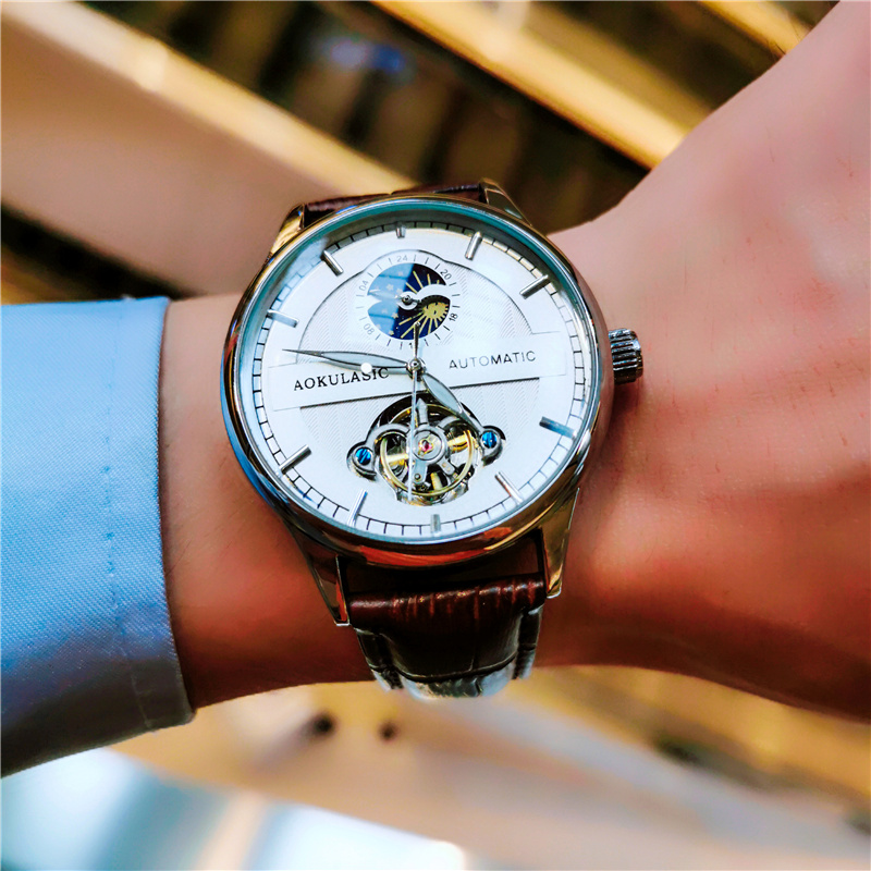 奥古拉斯全自动机械表双面镂空手表男士陀飞轮月相防水精钢蝴蝶扣潮流腕表 棕带银壳白面