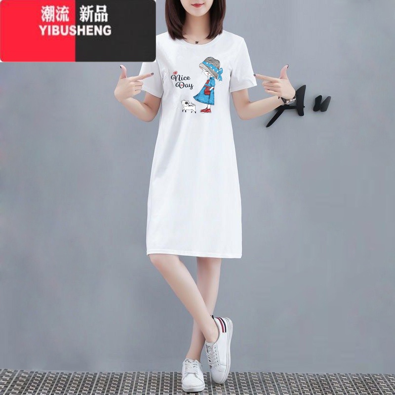YIBUSHENG休闲白色短袖2024季新款韩版外穿遮肚显瘦洋气过膝连衣裙女 白色小女孩图案 S建议70-95斤