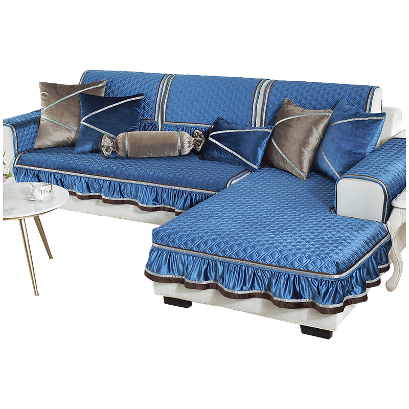 家柏饰(CORATED)毛绒沙发垫四季通用皮沙发防滑坐垫子简约现代时尚沙发套罩 暖熙-蓝色 80*160cm+花边高清大图