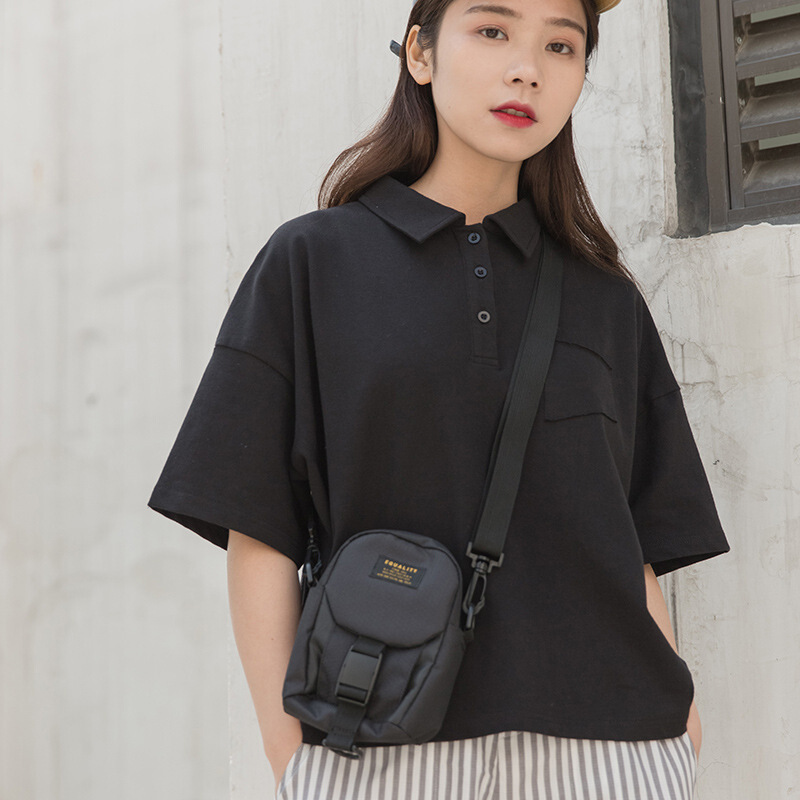 2018夏装新款日系百搭简约宽松显瘦休闲学院风Polo领短袖T恤衫女