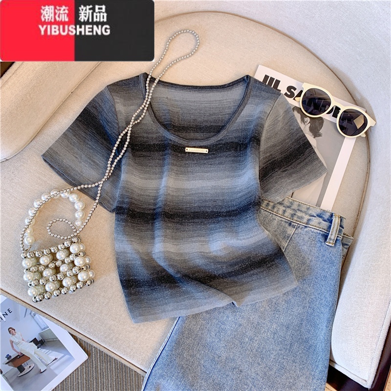 YIBUSHENG多巴胺穿搭条纹t恤女季设计感小众针织短袖甜辣风短款上衣薄甜高清大图