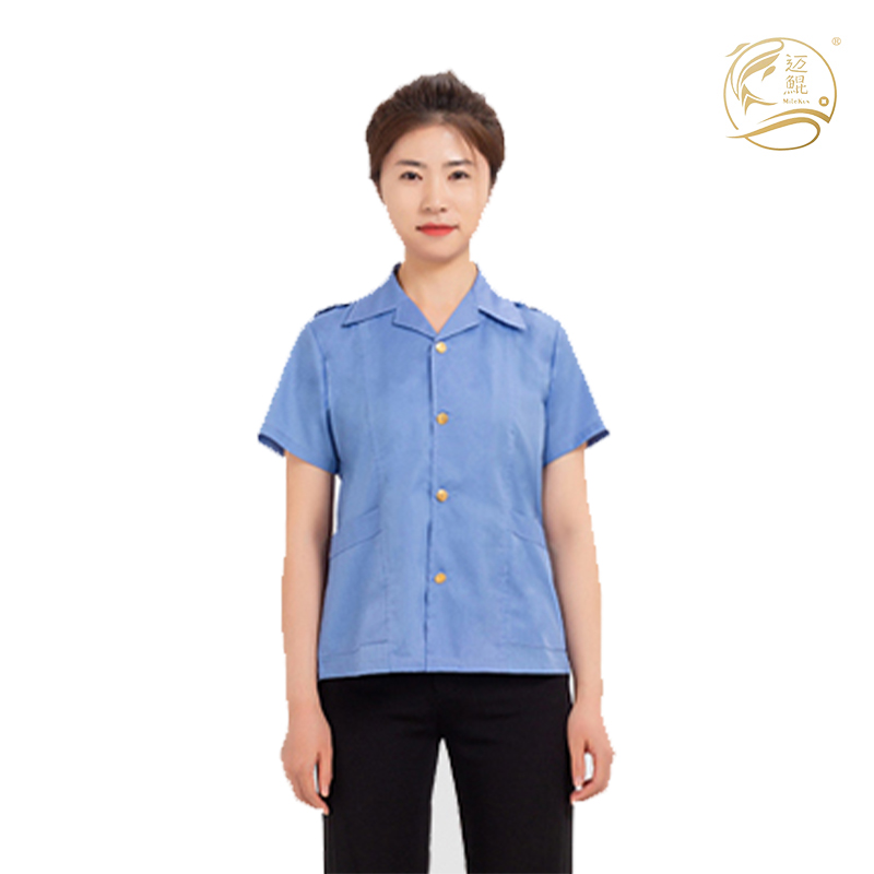 夏季蓝灰色轻薄透气蓝灰府绸短袖工作服(女款)P-001短款劳保服可定制高清大图