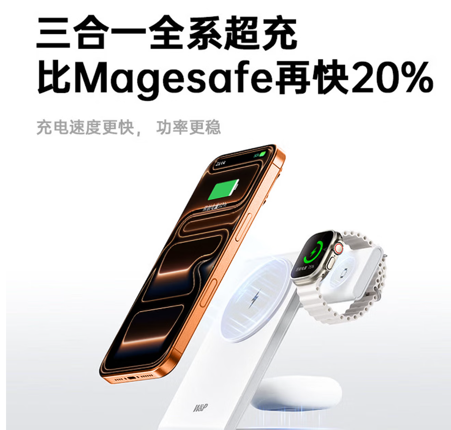 W&P适用苹果无线充电器三合一磁吸折叠快充便携支架底座iphone17/16/15手机耳机apple iwatch手表