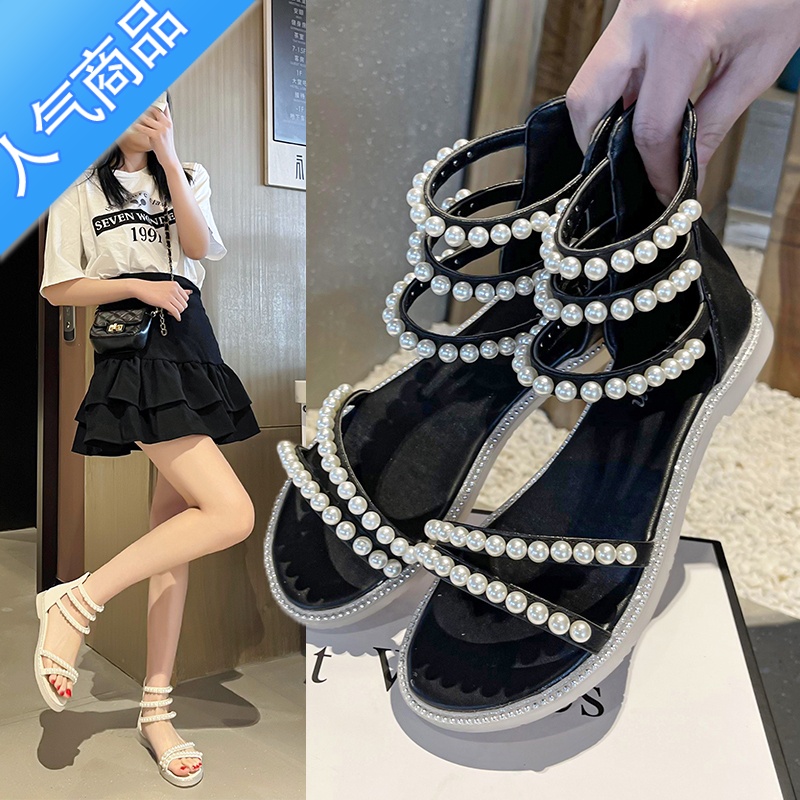 SUNTEK凉鞋女平底2023年夏季新款百搭网红仙女风配裙软底罗马港风ins潮高清大图