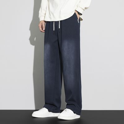针织马骝直筒阔腿裤男秋冬新款宽松垂感时尚高街系带拖地休闲裤潮_64842 2801蓝色厚款 L（120斤）