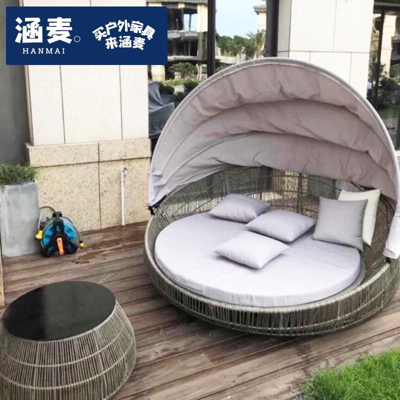 户外大圆床室外露天庭院泳池藤条编织阳台休闲花园防晒阳光房躺床