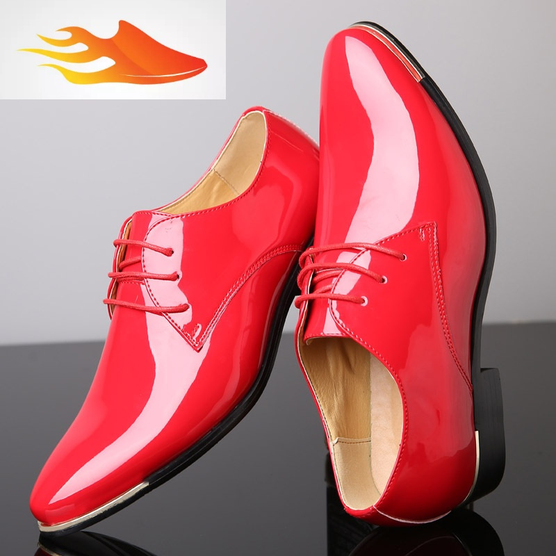 fishbasket时尚大红色商务男鞋英伦尖头韩版纯白皮鞋男亮面婚鞋子个性