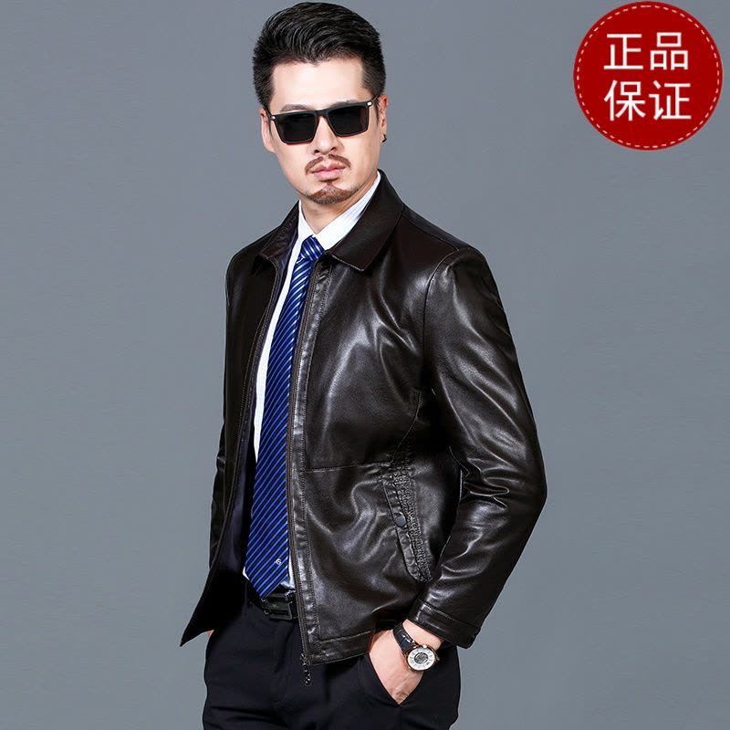 免费试穿 黑色皮衣男薄款春秋外套百搭翻领皮夹克基础款中老年爸爸装5060岁2024冬装新款外套潮海宁软皮夹克大码男装图片