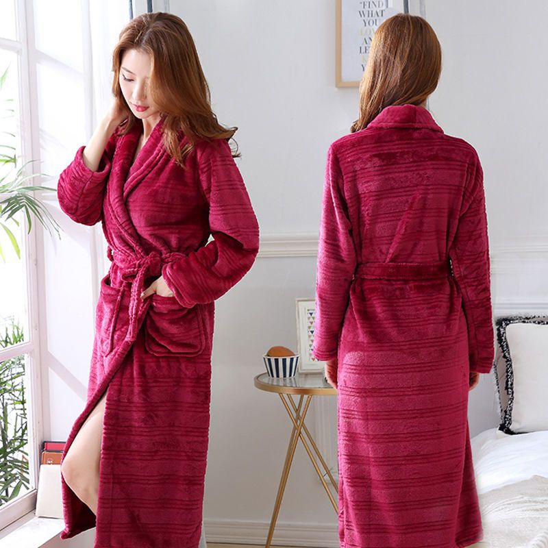 中长款法兰绒睡袍女加绒加厚秋冬纯色系带浴衣浴袍宽松休闲睡衣