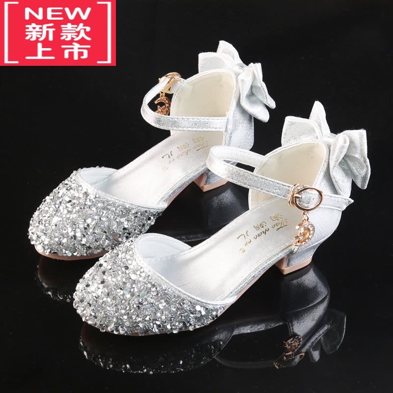 可莉允女童高跟皮鞋小公主演出鞋银色儿童搭配礼服中大童走秀舞台水晶鞋运动休闲鞋图片