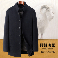 花花公子品牌高档冬装水貂毛领+可拆羽绒内胆男士羊毛呢大衣立领厚男外套