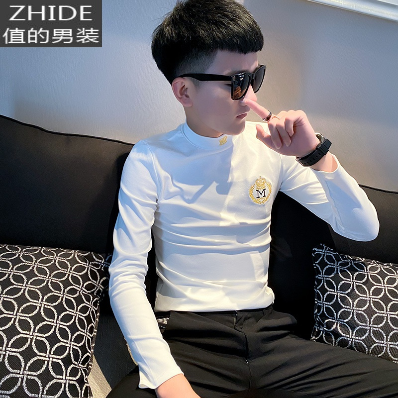 SUNTEK秋冬季长袖t恤男士韩版修身半高领刺绣上衣服加绒潮牌打底体恤衫T恤