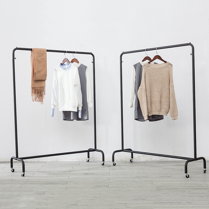 服装店衣服展示架男女装店货架中岛架落地式简约可移动挂衣架带轮创意(150长40宽165高)黑色带轮子官方标配