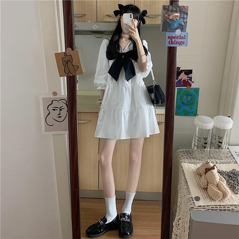 法式蝴蝶结仙女裙2021夏季新款减龄白色可爱公主裙子泡泡袖连衣裙 白色[短袖衬衫] S 建议[75-90斤]