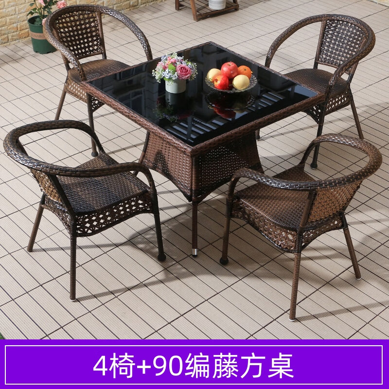 晋舰藤椅阳台桌椅室外庭院藤编椅子花园茶几藤椅组合4椅+90编藤方桌高清大图