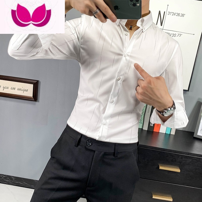 七斓商务正装条纹衬衫男长袖韩版潮流帅气男士白衬衣休闲潮牌男装