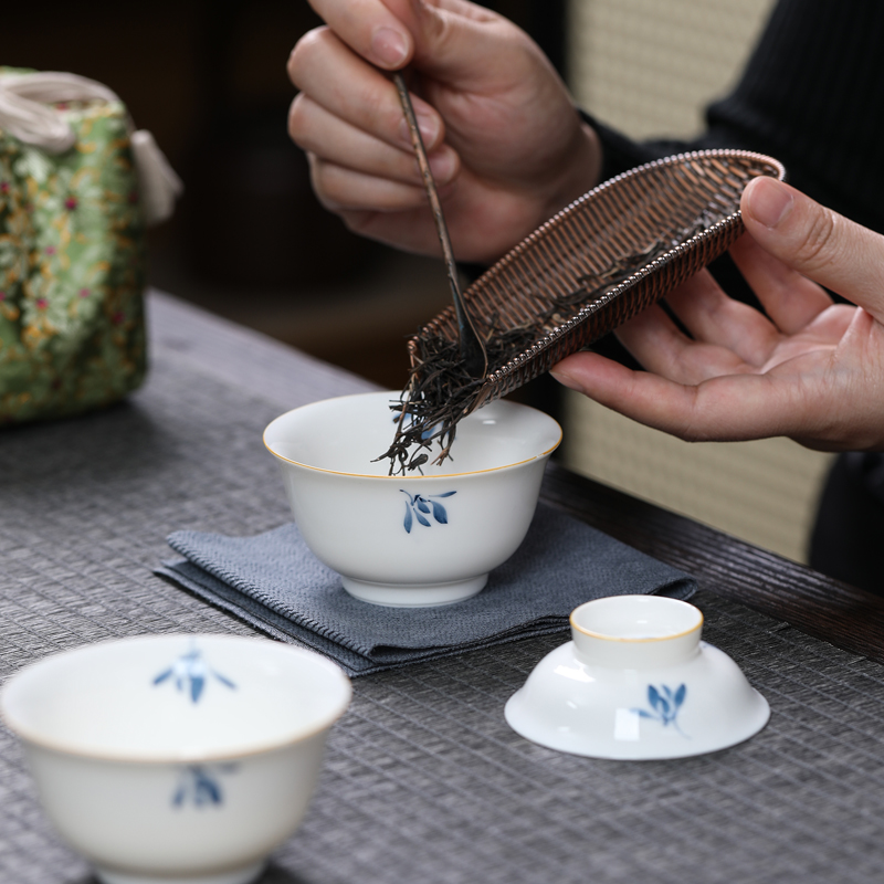 MULTIPOTENT 旅行功夫茶具套组中国白瓷手绘蝴蝶兰快客杯陶瓷便携旅行茶具高清大图