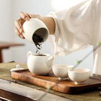 領藝 定窑白瓷便携茶具旅行套装户外车载茶壶泡茶杯快客杯一壶二杯不含茶盘 念云川定窑旅行茶具