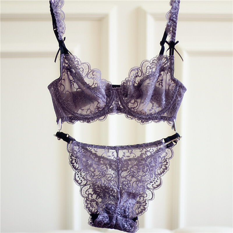欧美女有钢圈内衣文胸罩超薄性感蕾丝刺绣透明少女宫廷套装夏日