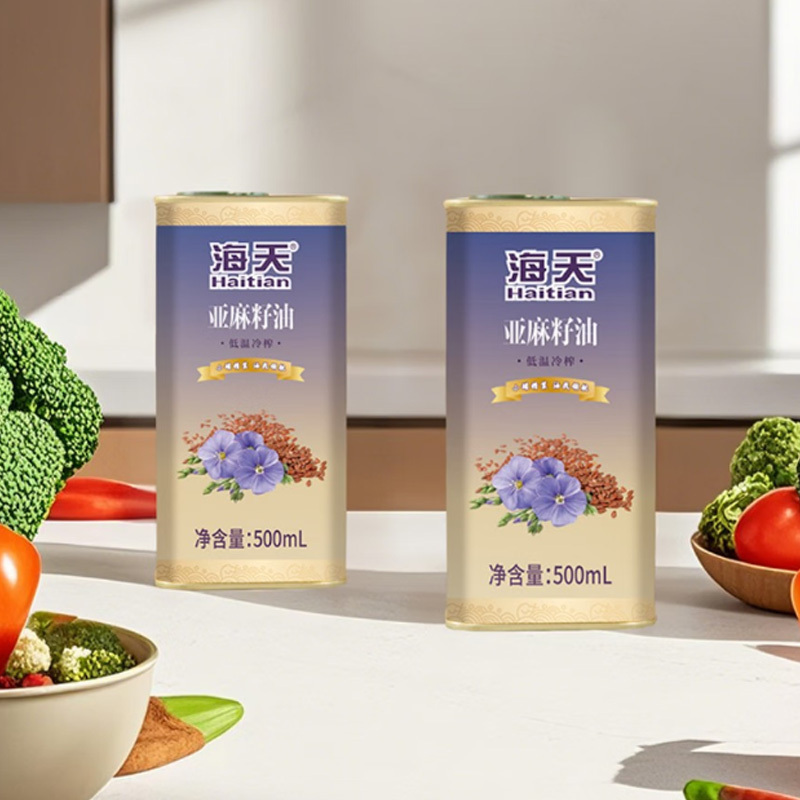 海天亚麻籽油三件套1.5L低温冷榨安心食用饮食均衡铁罐高清大图