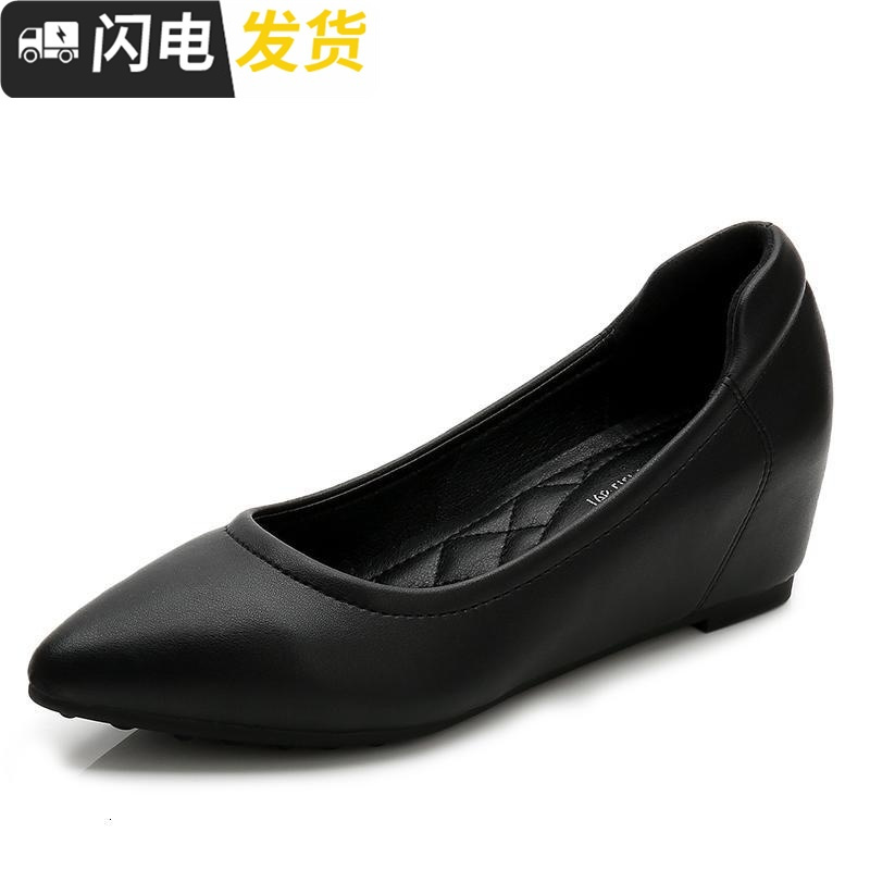 尖头坡跟单鞋2022新款秋季百搭工作鞋黑色中跟职业舒适浅口皮鞋女启如休闲鞋