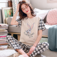 睡波迷娜(BOMINA)衣女夏季纯棉短袖长裤套装韩版卡通学生两件套薄款服女