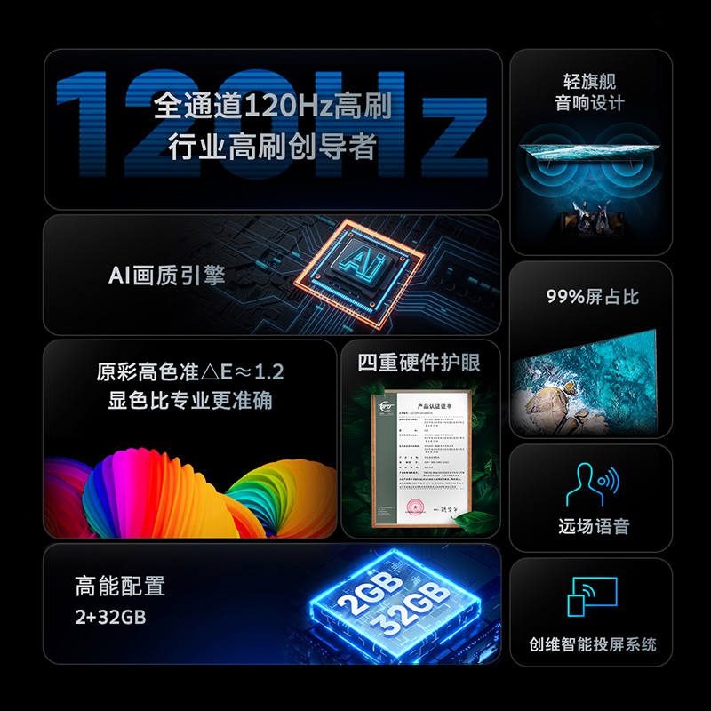 创维电视65A23 65英寸120Hz高刷 HDMI2.1 2+32G AI智能电视 4K超薄护眼声控全面屏电视机